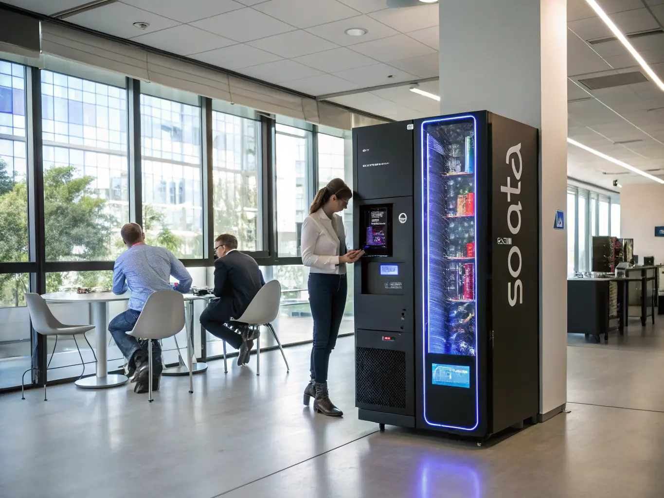A vending machine with a custom branded wrap featuring a company's logo and colors, placed in a modern office environment.