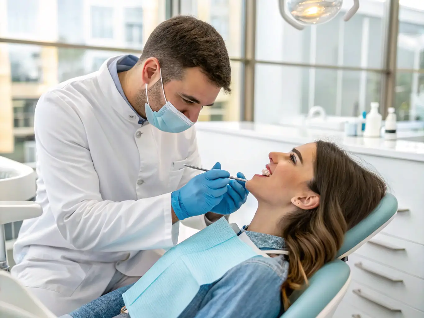 A dentist placing a dental crown on a patient’s tooth with modern equipment, demonstrating the precision of restorative treatments.