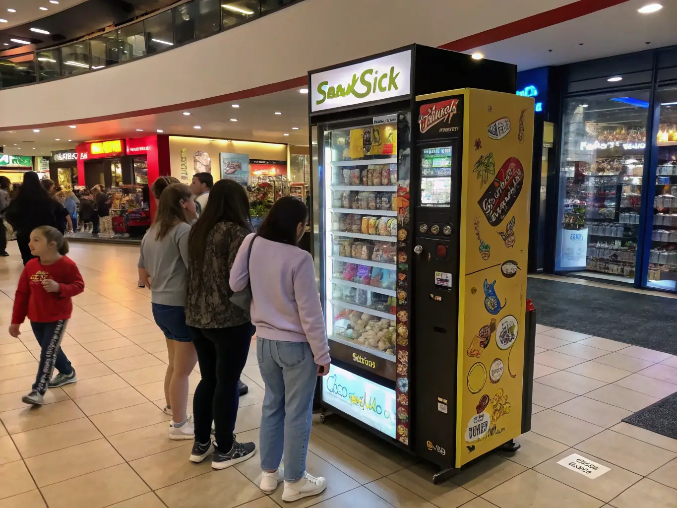 A high-capacity vending machine filled with various snacks and drinks, showcasing its ability to hold a large quantity of products. The machine is placed in a busy commercial setting, emphasizing its suitability for high-traffic locations.
