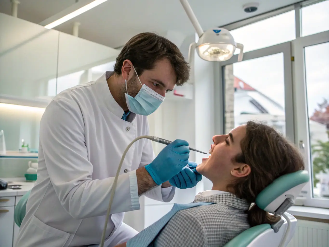 A smiling patient during a dental check-up with a dentist using modern equipment, showcasing the clinic's commitment to preventive care.