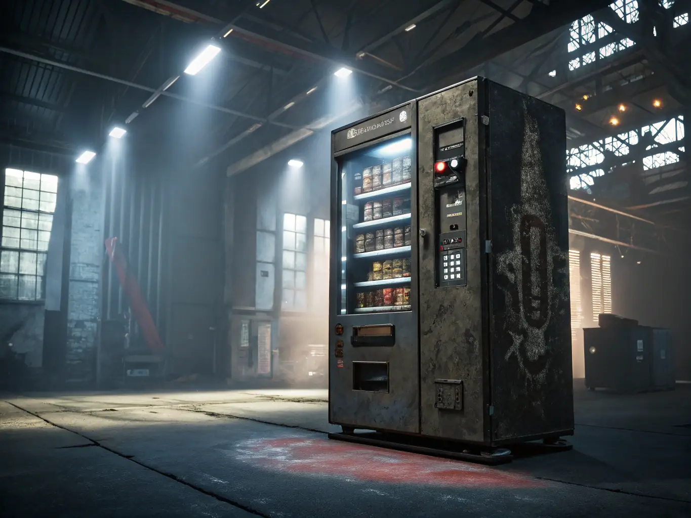 A robust vending machine with a reinforced steel frame, demonstrating its durability and resistance to wear and tear. The machine is shown in an industrial environment, highlighting its ability to withstand harsh conditions.