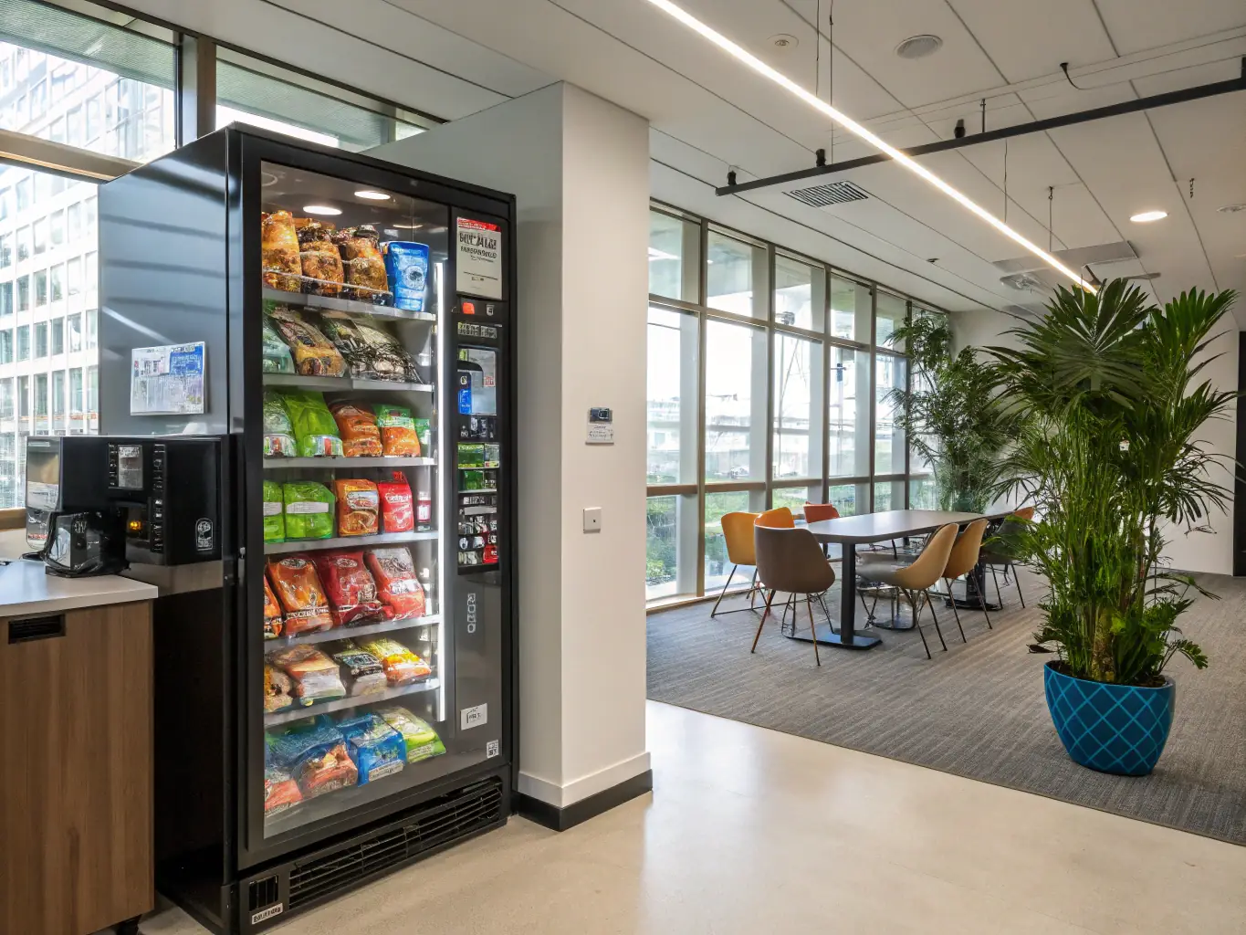 A vending machine filled with a variety of healthy snacks and beverages, including fresh fruit, granola bars, and bottled water, displayed in a well-lit setting.