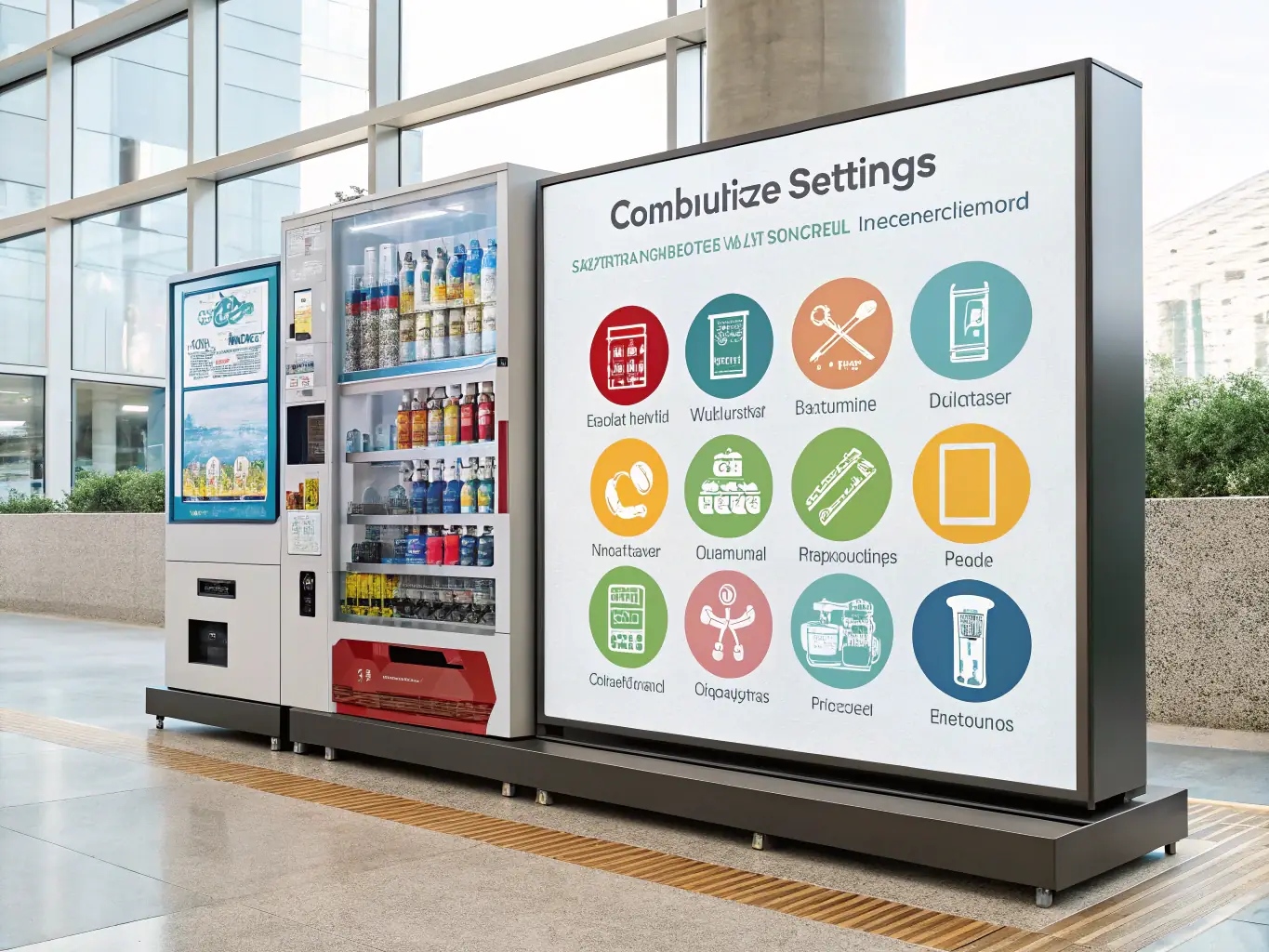 A customizable vending machine with various branding options and product configurations, illustrating its adaptability to different business needs. The machine is displayed in a modern office setting, emphasizing its versatility.