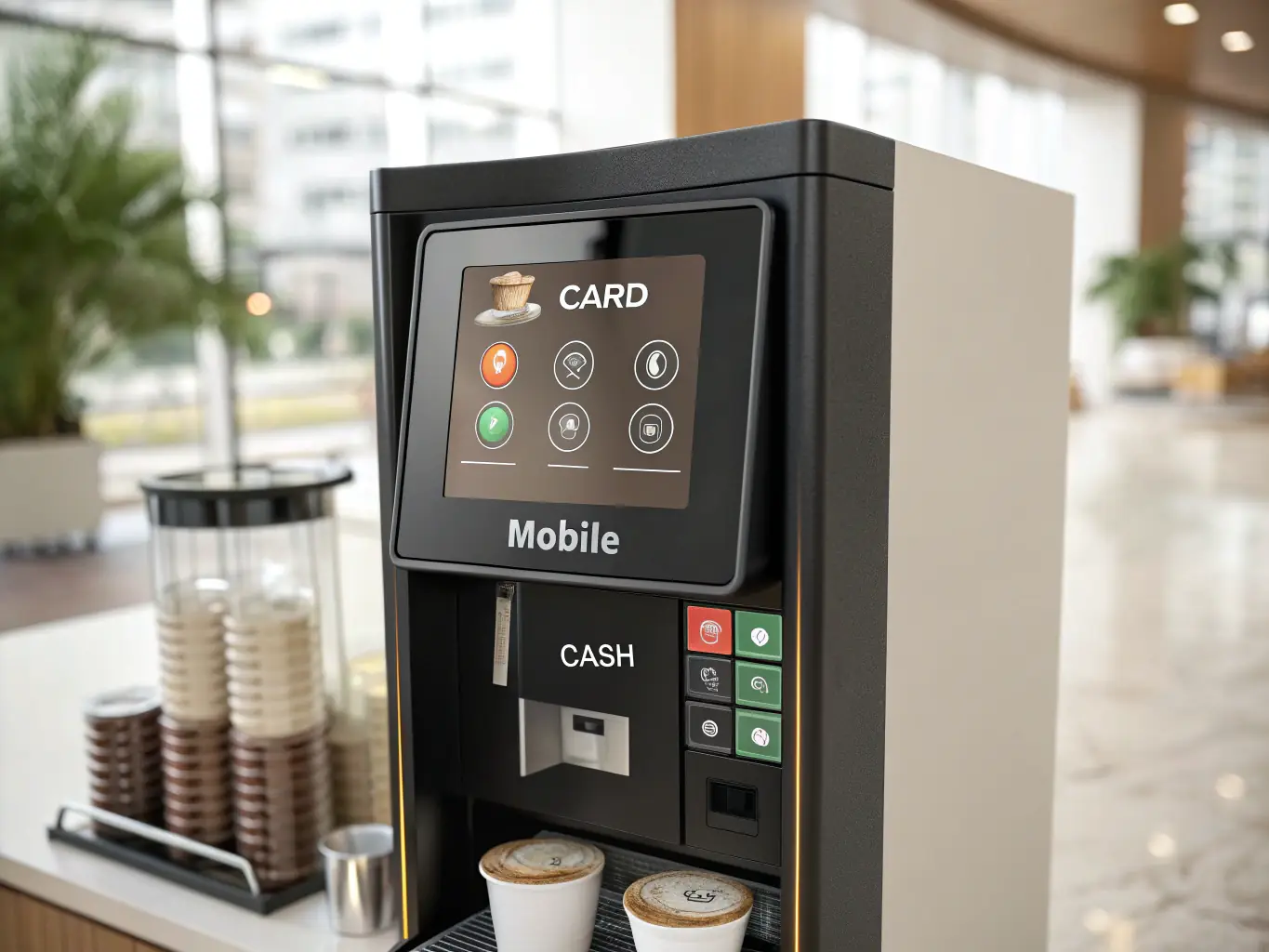A vending machine with a modern cashless payment system, including a card reader and mobile payment options, displayed in a busy commercial location.
